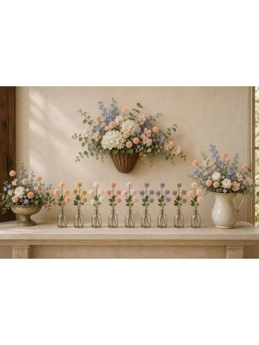 Warm Taupe Beige Pom Pom Chrysanthemum Stems Set of 2, 20 Inch Artificial Silk F